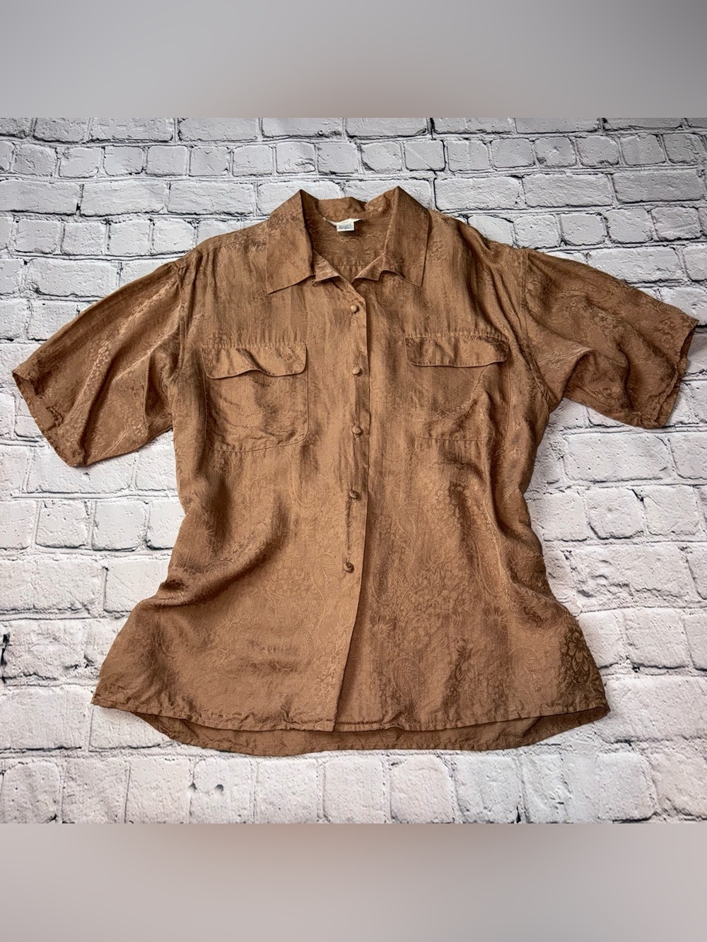 Vintage 80s Anna And Frank Light Brown Silk Blouse Floral Paisley Print Size M